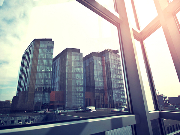 Modern business skyscrapers seen from the window. General view panorama. Financial, economics, future etc. concept.